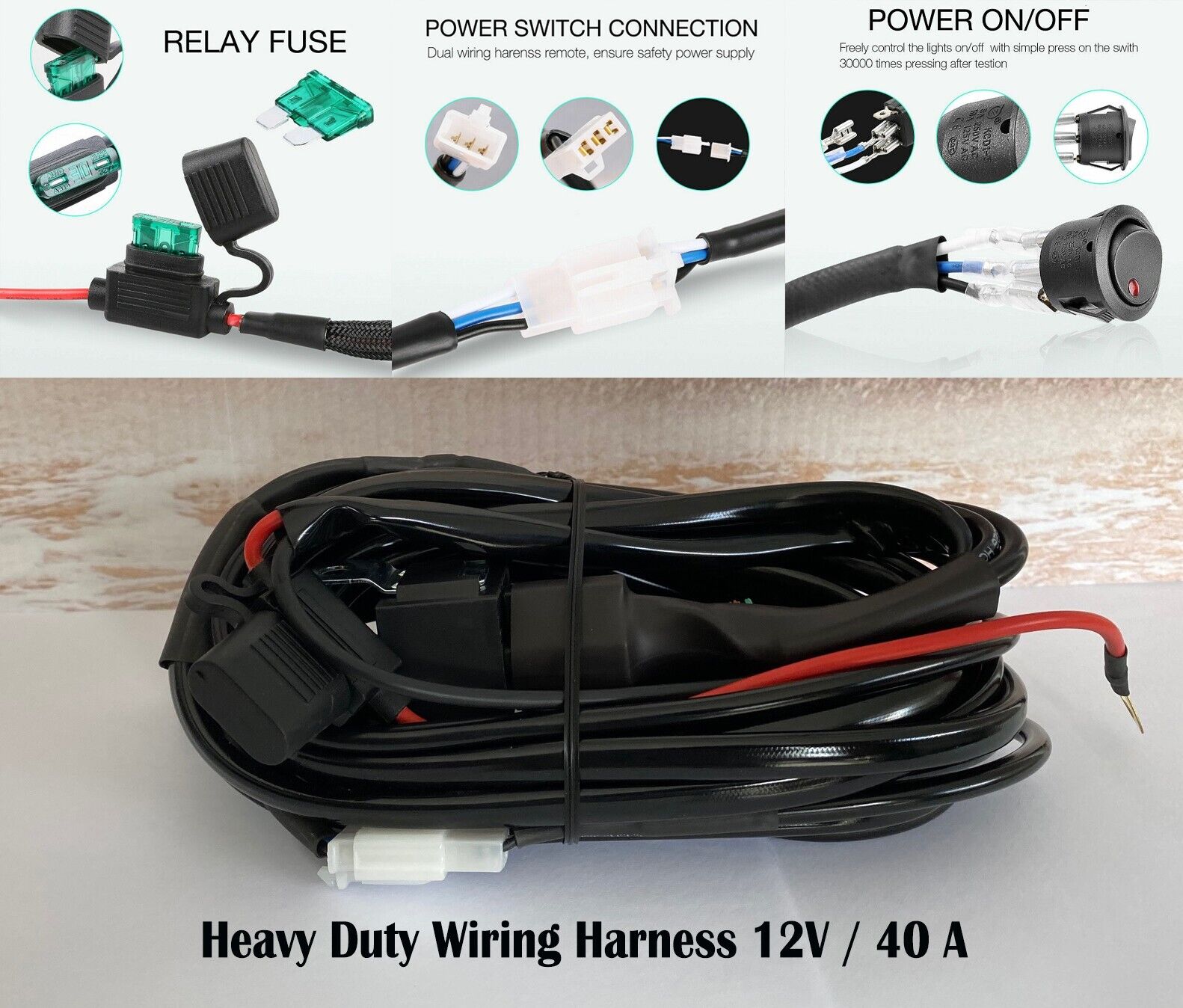 Heavy Duty 12V 40A LED WIRING HARNESS